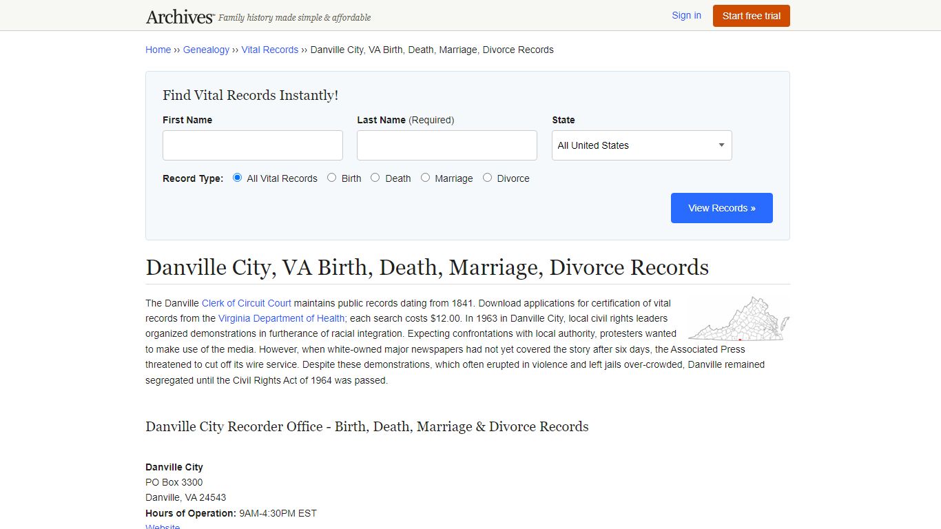 Danville City, VA Birth, Death, Marriage, Divorce Records